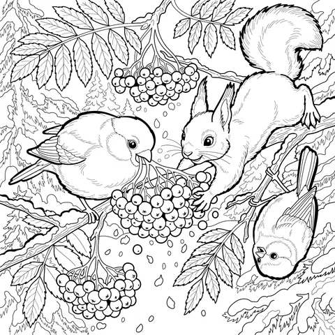 Autumn Scene of Squirrel and Birds