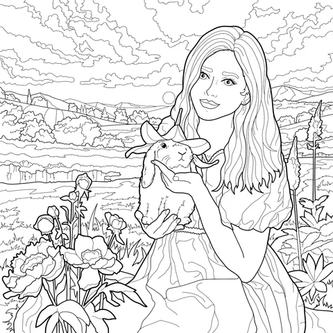 A Girl and Her Adorable Rabbit in a Pastoral Scene