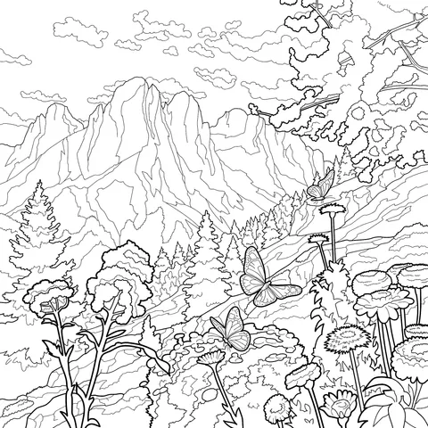 Mountain - side Flowers and Butterflies Scene