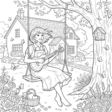Girl playing the guitar on a garden swing