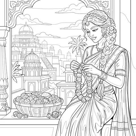 Indian Woman Making a Flower Wreath