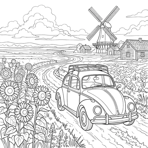 Idyllic Windmill and Car Scenery
