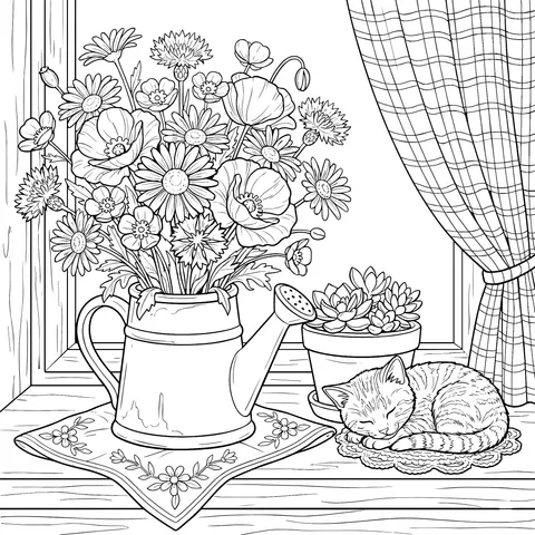 Flowers and Cat by the Window