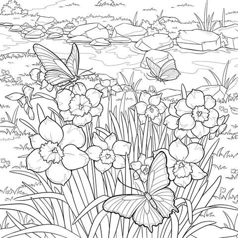 Butterflies and Flowers by the Stream in Spring