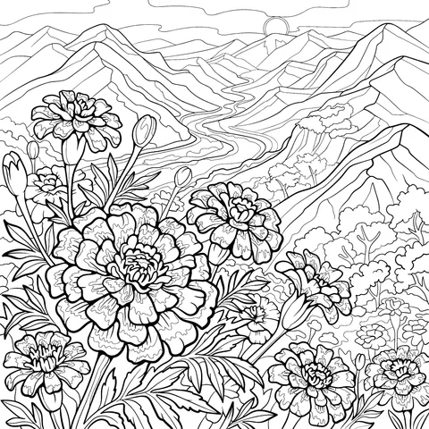 Mountain View with Marigolds