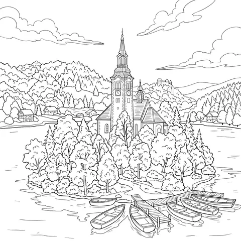 Autumn Church on the Lake - center Island
