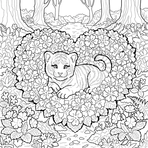 Cute Tiger in Heart - shaped Flowers