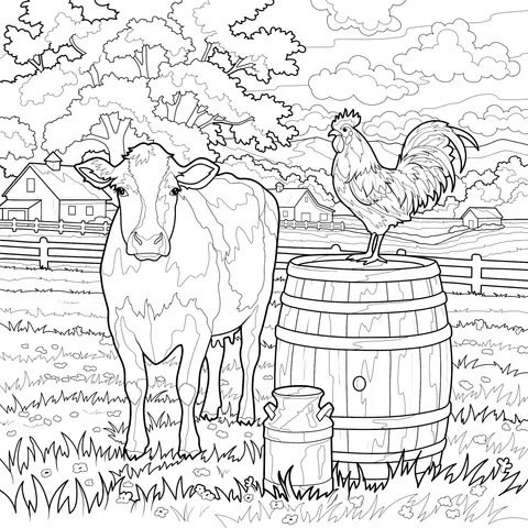 Cow and Rooster in the Countryside