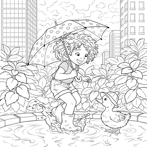 Ai1459_Happy_Child_and_Duckling_in_the_Rain_at_the_Park 