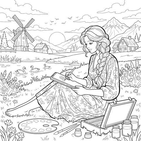 Girl Painting in Rural Scenery