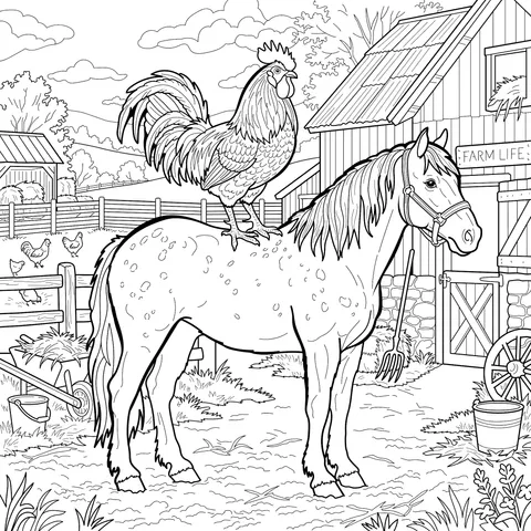 Horse and Rooster on the Farm