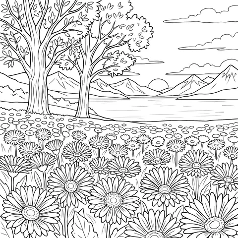 Beautiful Scene of a Flower - filled Field by the Lake