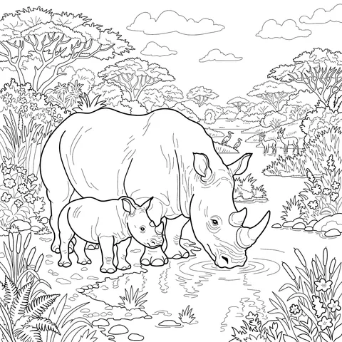 Mother - baby rhino in a natural scene