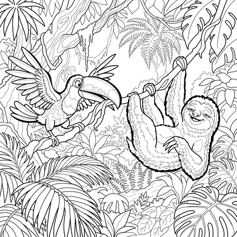 Sloth and Toucan in the Tropical Rainforest