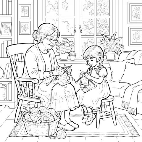 Warm Knitting Time of Grandparent and Grandchild