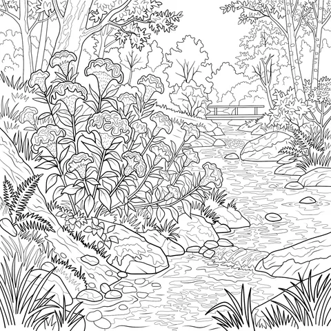 Beautiful Scenery of Flowers by the Stream