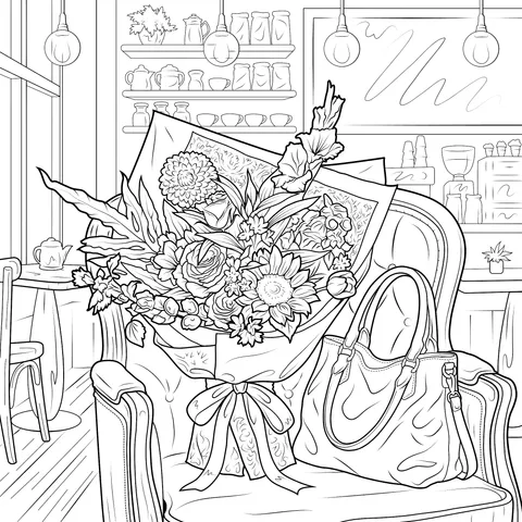 Bouquet and Handbag in a Coffee Shop