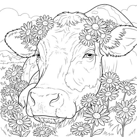 Resting Cow with Daisies