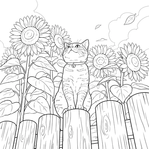Cat and Sunflowers on the Fence