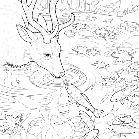Autumn Scene of Deer and Koi Fish