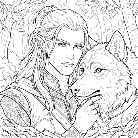 Elf and Wolf in the Forest Scene