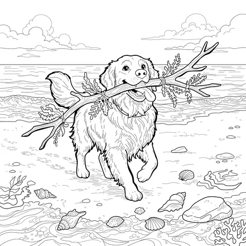 Golden Retriever with a Branch in Its Mouth on the Beach