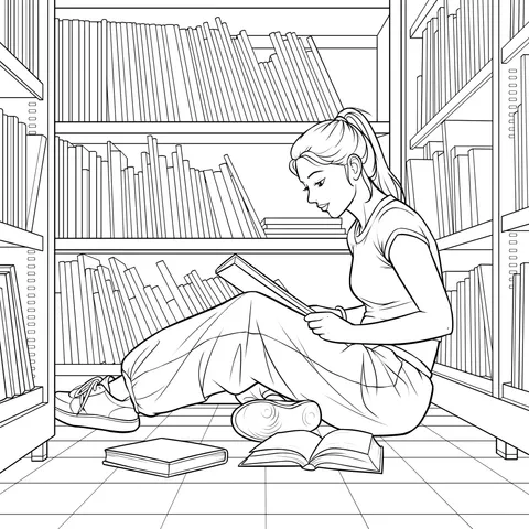 Girl Reading Among Bookshelves