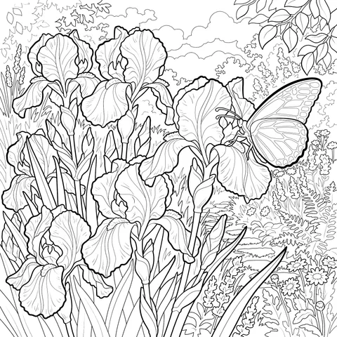Irises and Butterfly