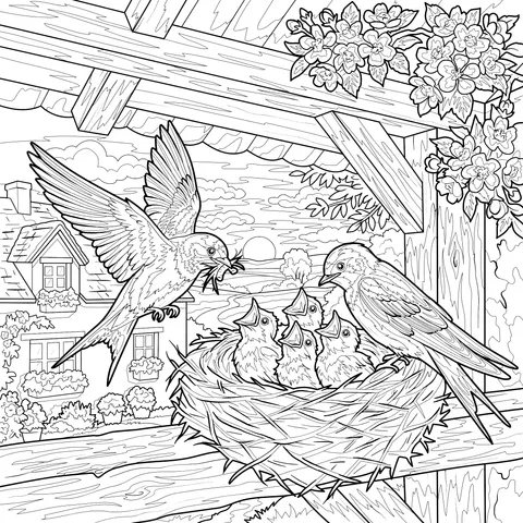 Swallow Family Feeding Chicks Under Eaves