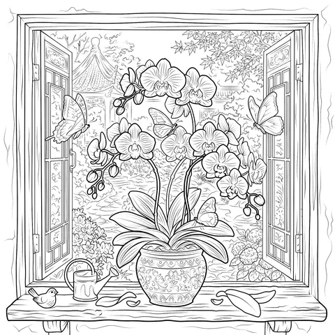 Window Orchid Garden Scene