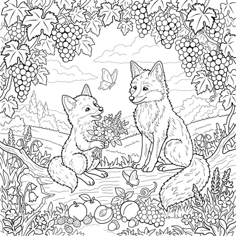 Little Fox Offering Flowers Under Grape Vines
