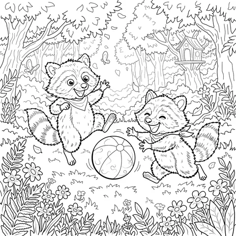 Raccoons Playing Ball in the Forest