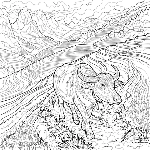 Rural Buffalo on Terraced Fields