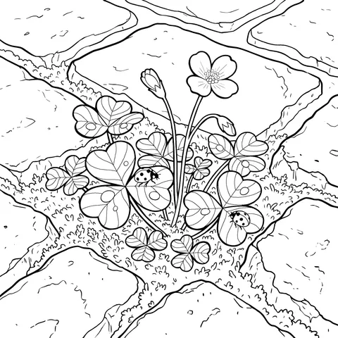 Flowers, Plants and Ladybugs in Stone Cracks