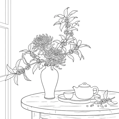 Chinese - style Flower Arrangement and Tea Set