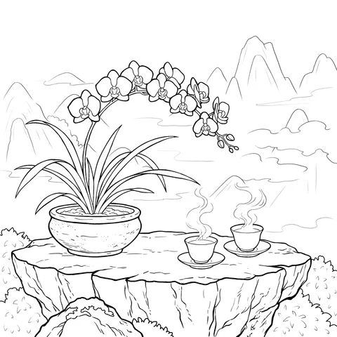 Mountain Orchid and Hot - tea Scene