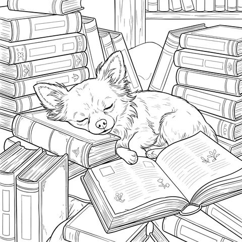 Sleeping Puppy amidst a Sea of Books