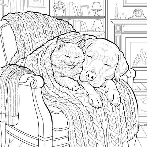 Warm Sleeping Scene of Cat and Dog