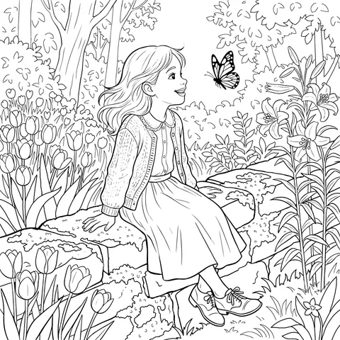 A Girl's Encounter with a Butterfly in the Forest