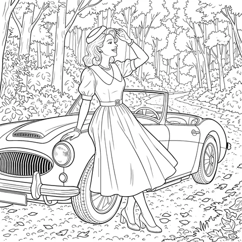 Vintage Lady and Convertible in Autumn