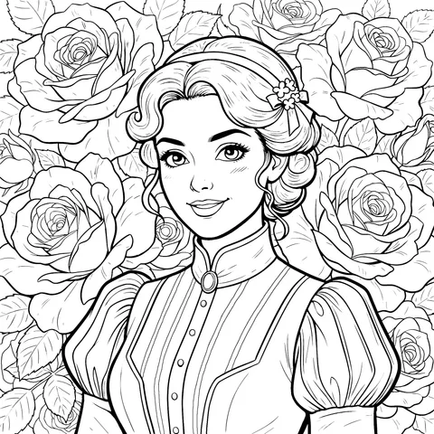 Classical Woman Amidst Rose Bushes