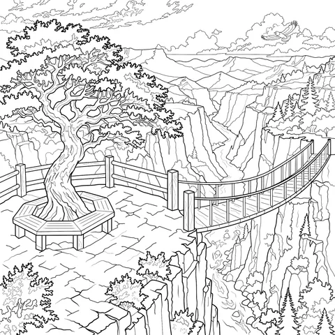Strange Pine and Blue Bridge beside the Canyon