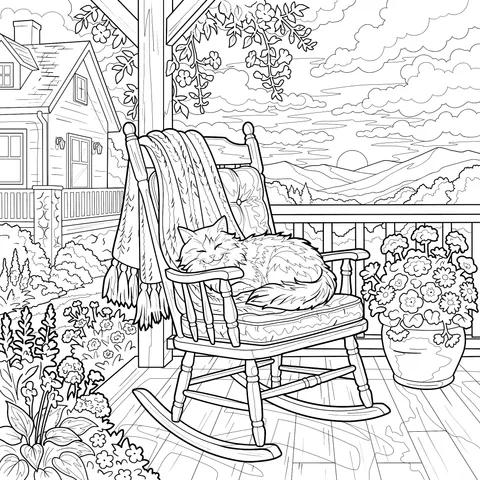 Cat Napping on Porch Rocking Chair