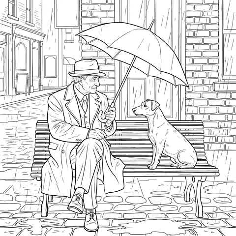 Man and Dog on a Bench in the Rain