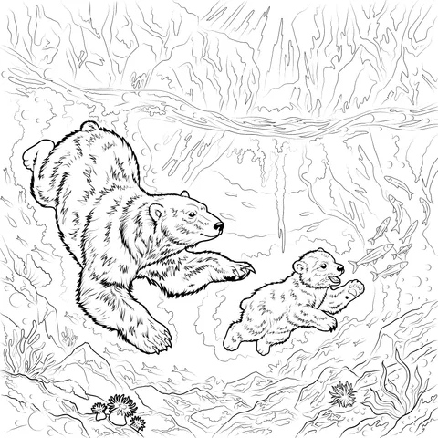 Mother - cub Polar Bears in the Underwater World