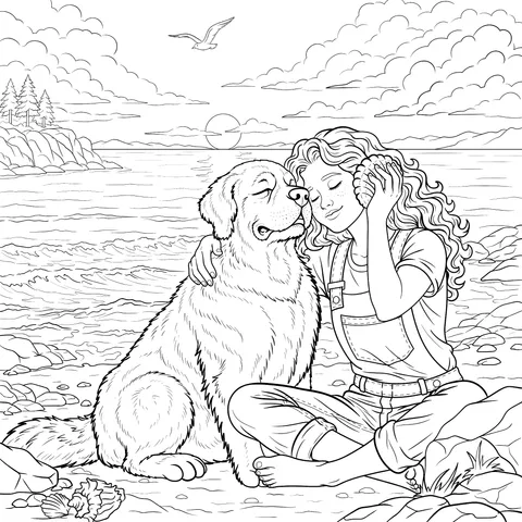 Girl and Dog's Seaside Time