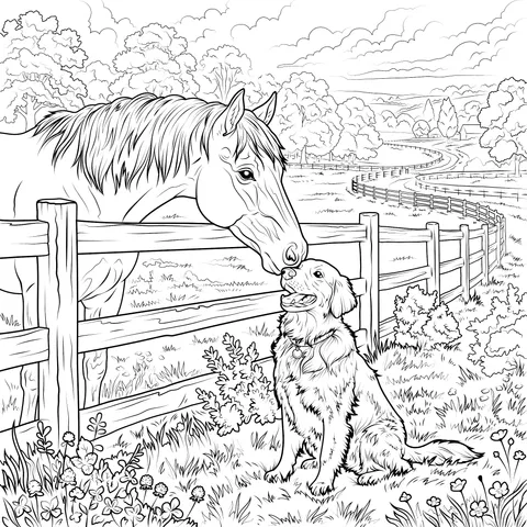 Horse and Golden Retriever by the Pasture Fence