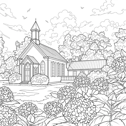 Country Chapel with Hydrangeas