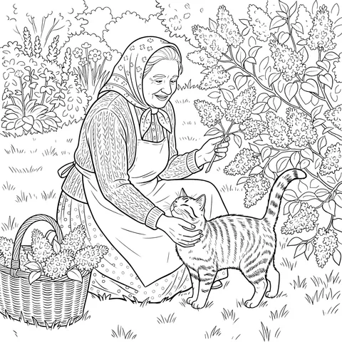 An Old Woman and a Cat in the Garden