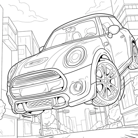 Stylish Mini Car Leaping Over City Streets